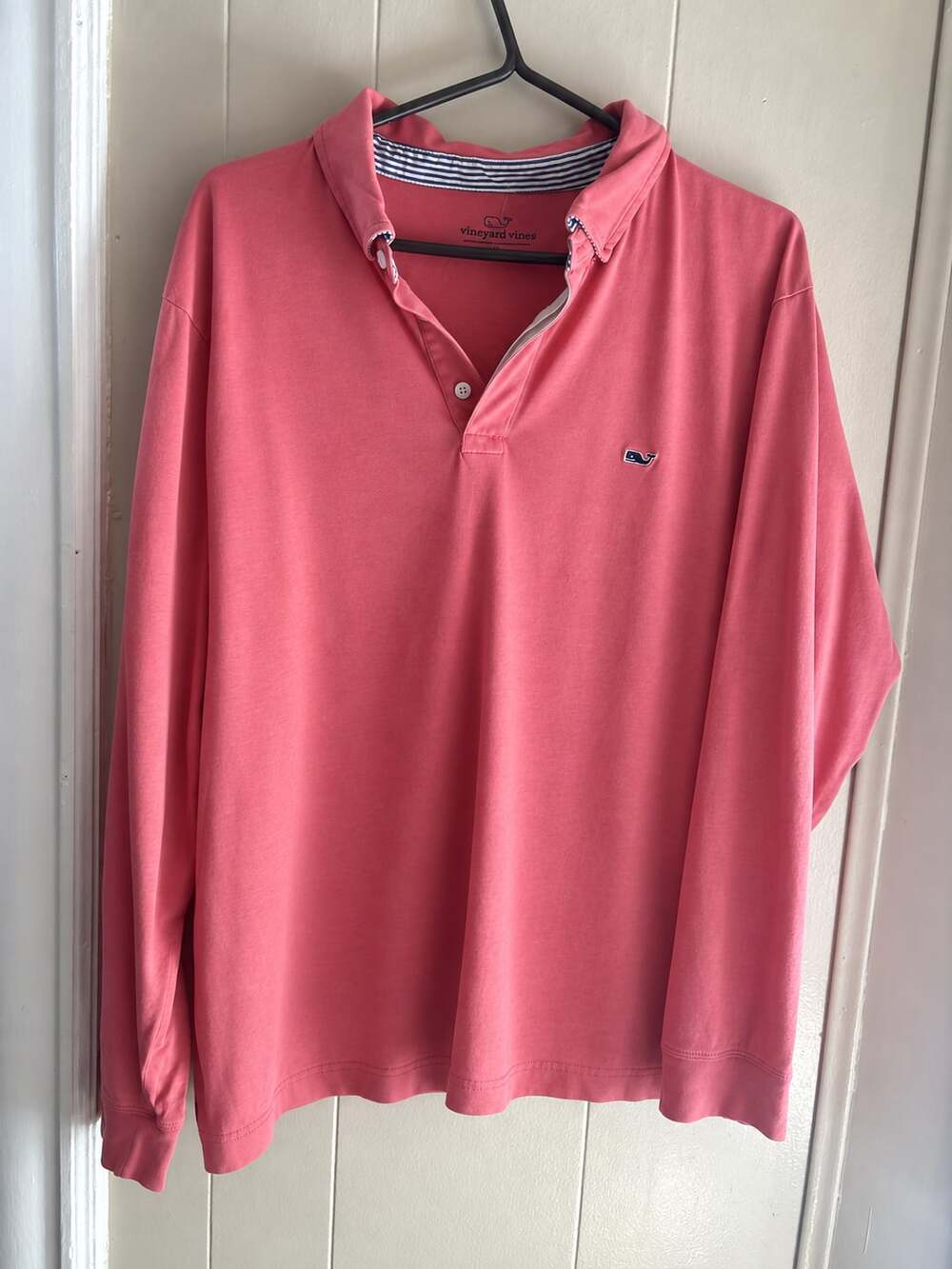 Vineyard Vines Pink Pima Cotton Long Sleeve Polo Shirt with Striped Collar XL